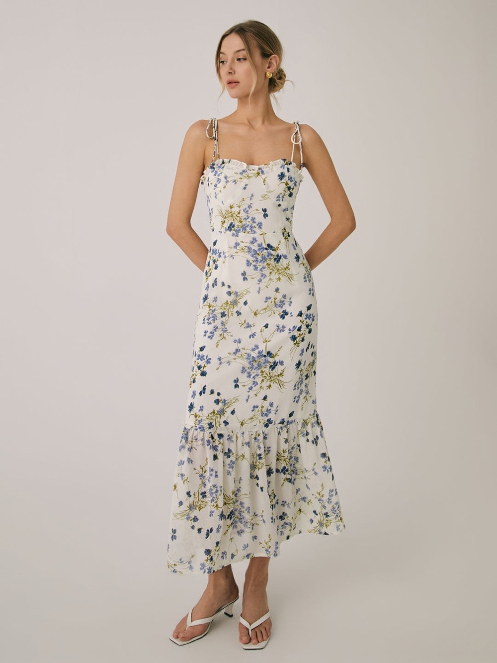 031. Commense White Maxi Dress with Blue & Green Floral Print